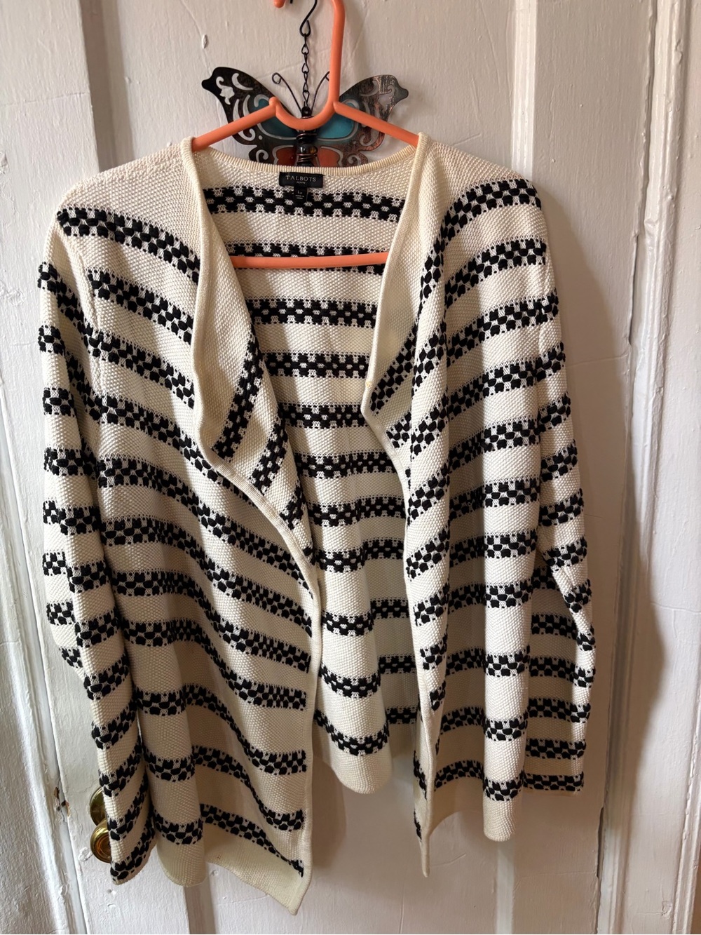 Talbots Cream and Black Striped Open Front Cardigan Sweater